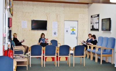 The temporary Rycote Practice waiting room during the rennovation work