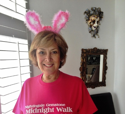 Lynda bellingham wearing the trade-mark Florence Nightingale Hospice Charity pink bunny ears