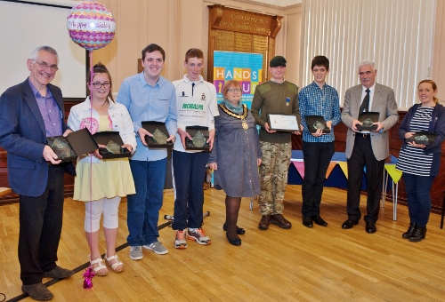 L to R: Megan Cooper, Mark Thorne, ,James (on behalf of Ian McStay, Jeannette Matelot Green, Josh Butler, Joe Lynch and Alan Haigh