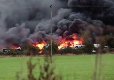 View across the fields towards the fire at Brill scrapyard - image courtesy of Mark Shipperley