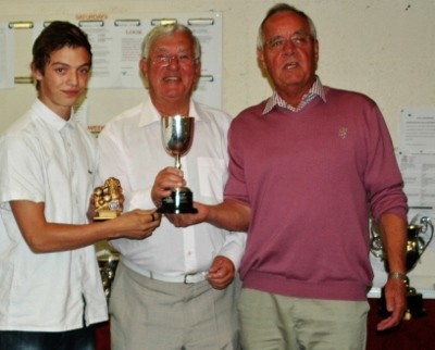 Men's Potter Cup winners 2015, Matthew Canfield (left) and Vic Brooks (right) with Thame Bowls Club President, ex TV Weatherman, Bill Giles